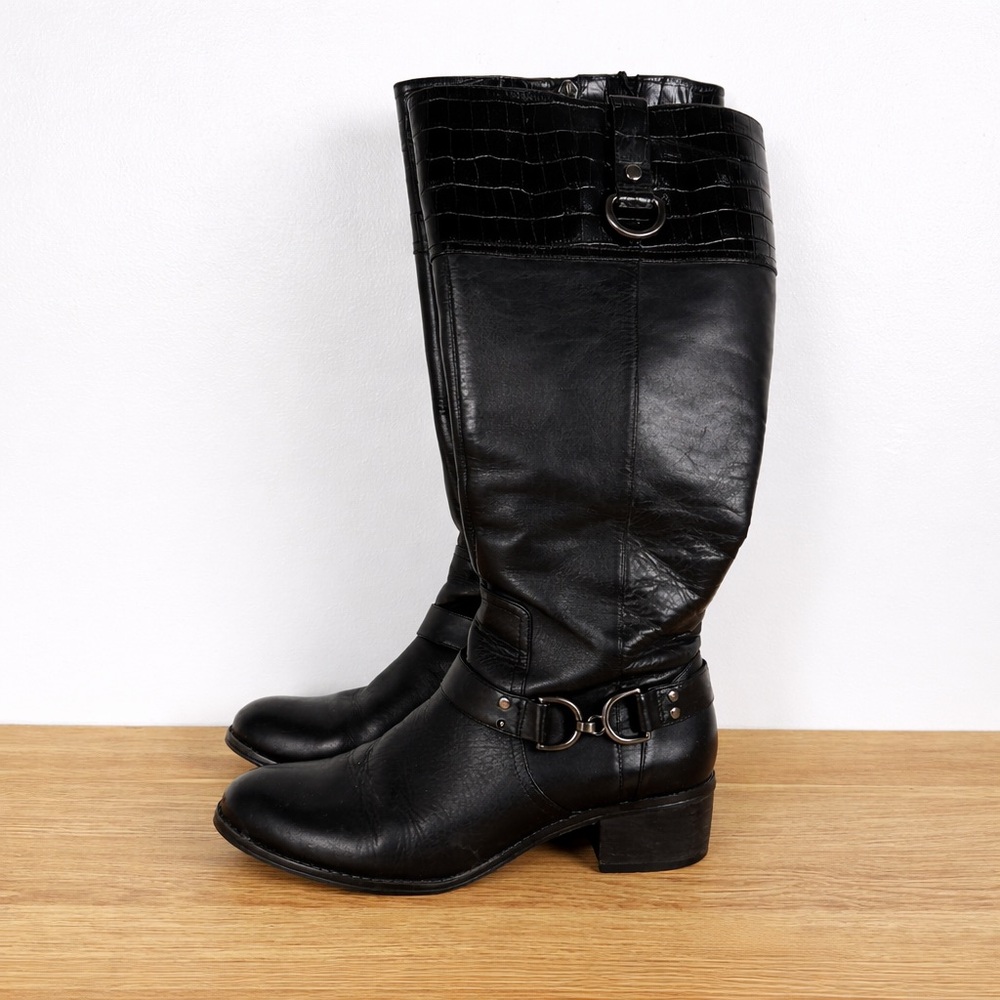 Bandolino Black Leather Knee High Boots Womens 7 Y2K Croc Embossed Riding